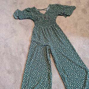 Green Floral Flutter Sleeve Wide Leg Jumpsuit